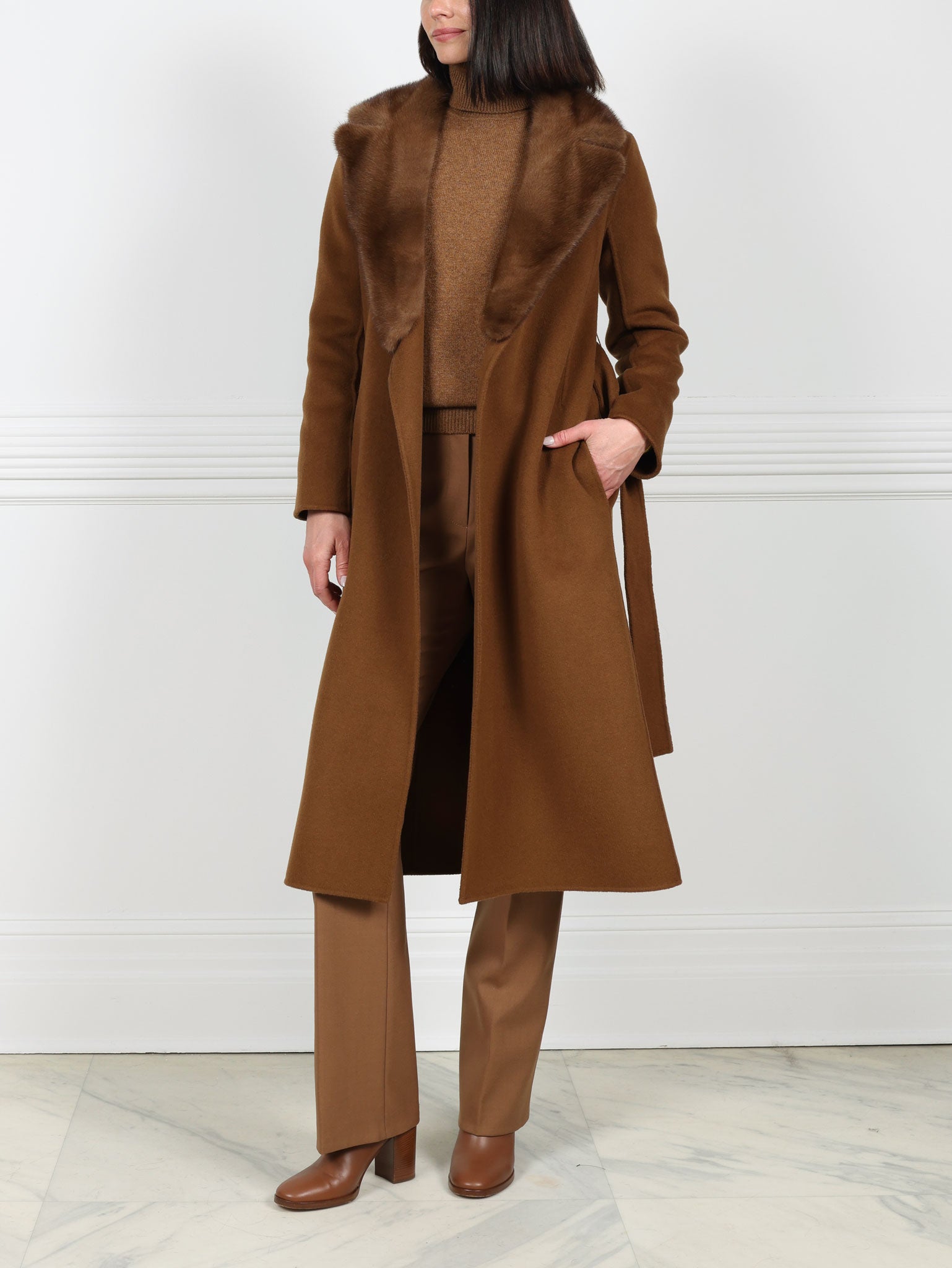Taupe Wool Cashmere Blend Coat with Detachable Mink Collar