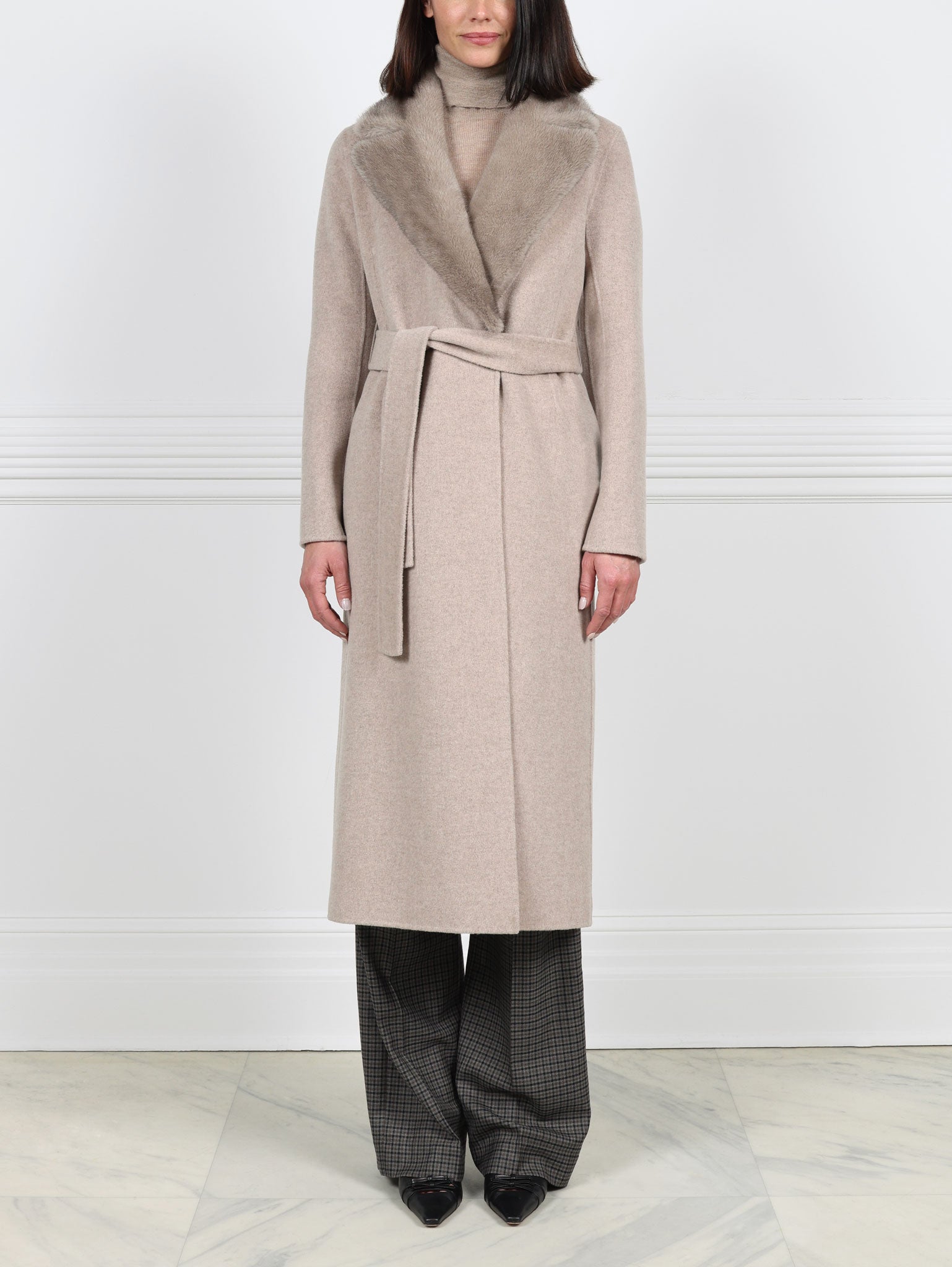 Taupe Wool Cashmere Blend Coat with Detachable Mink Collar