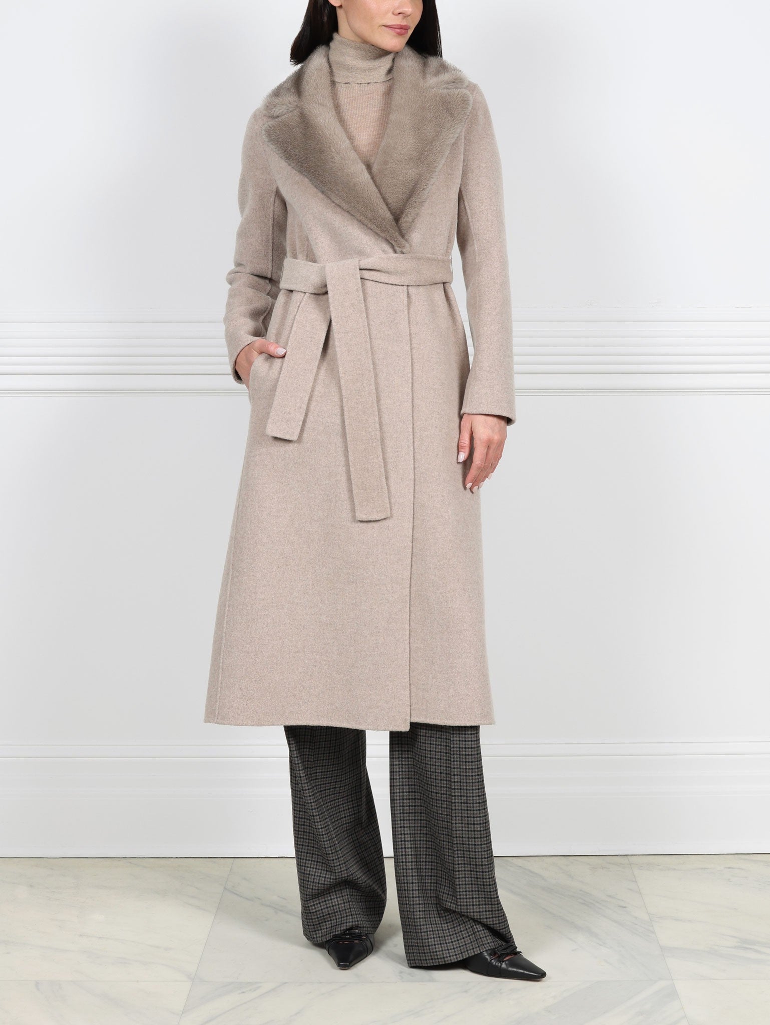Taupe Wool Cashmere Blend Coat with Detachable Mink Collar