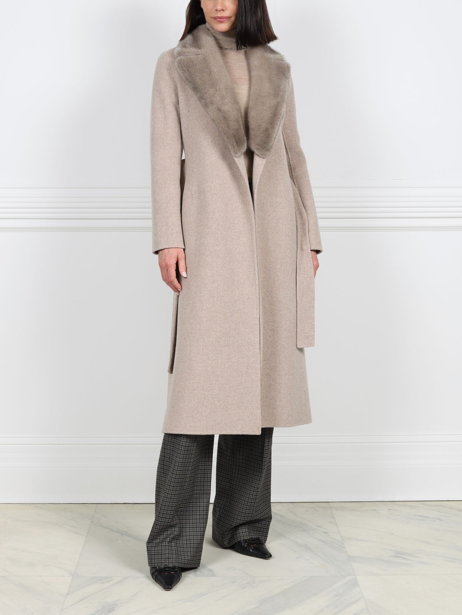 Taupe Wool Cashmere Blend Coat with Detachable Mink Collar