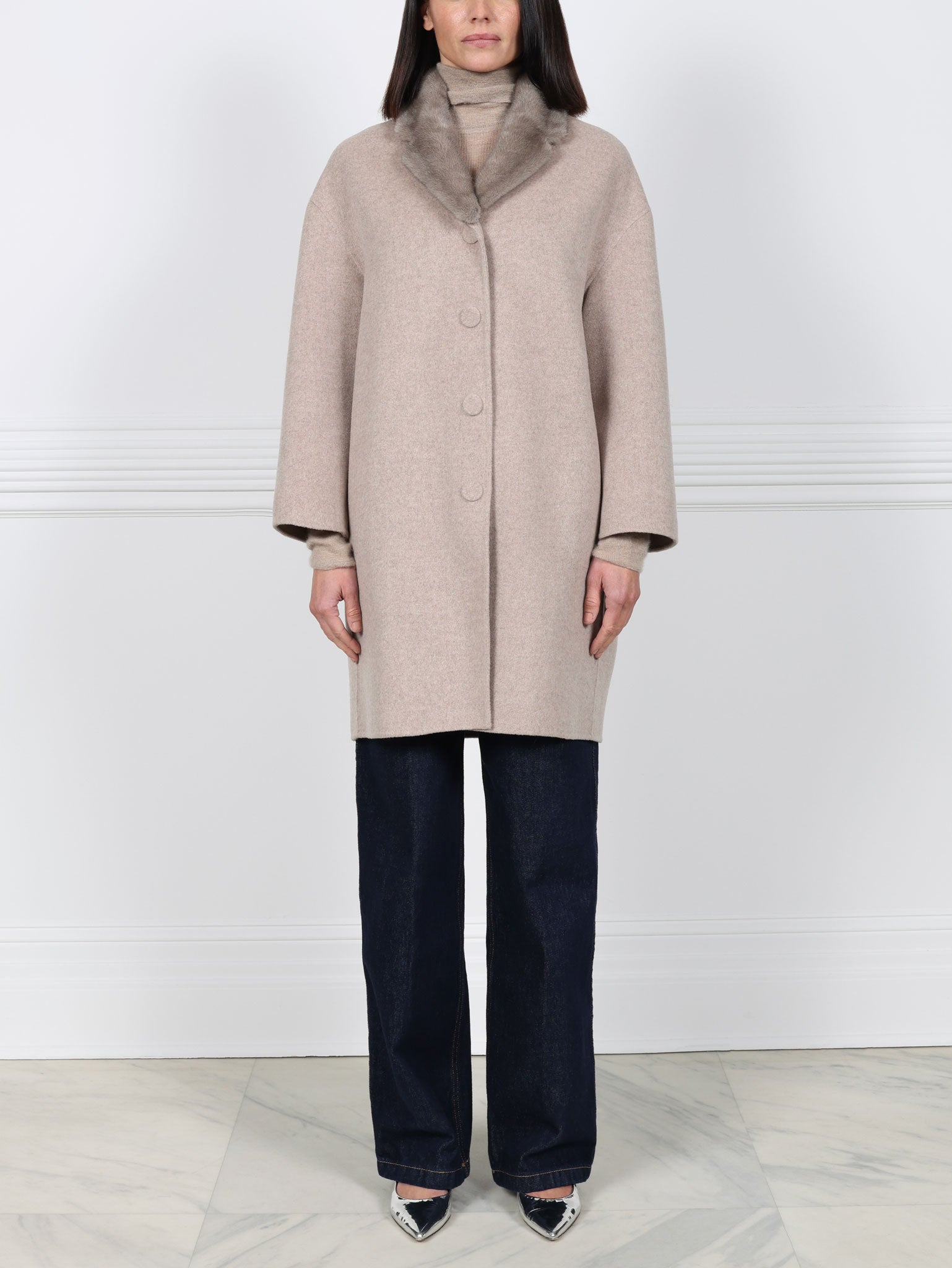 Wool Cashmere Blend Coat with Mink Collar