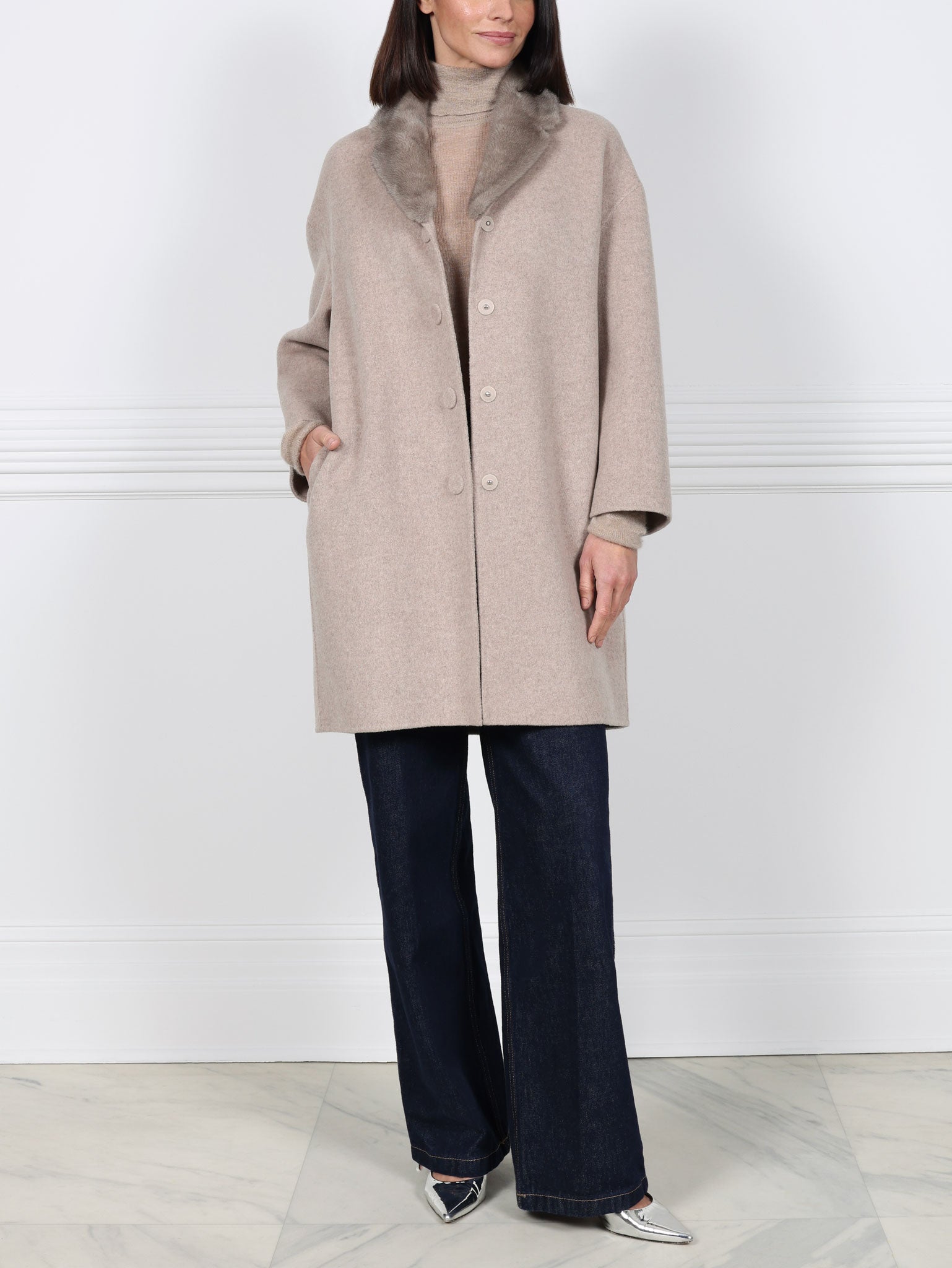 Wool Cashmere Blend Coat with Mink Collar