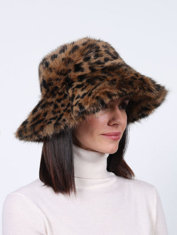Leopard Print Wide Brim Shearling Hat