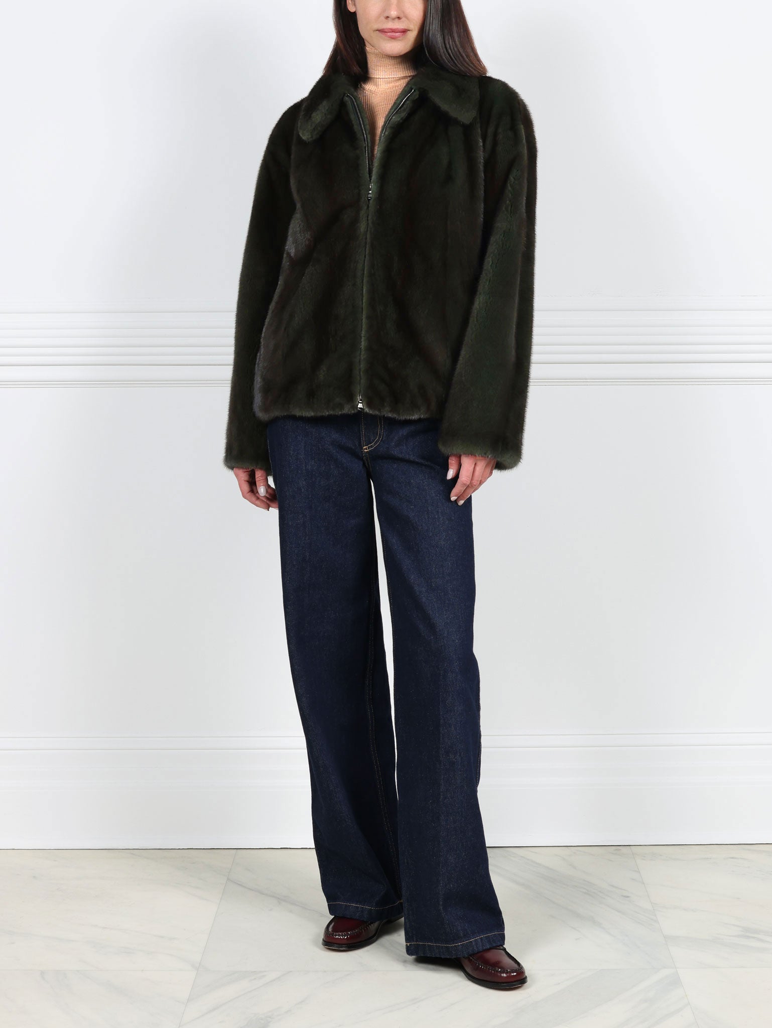 Oversized Mink Shirt Collar Zip Jacket