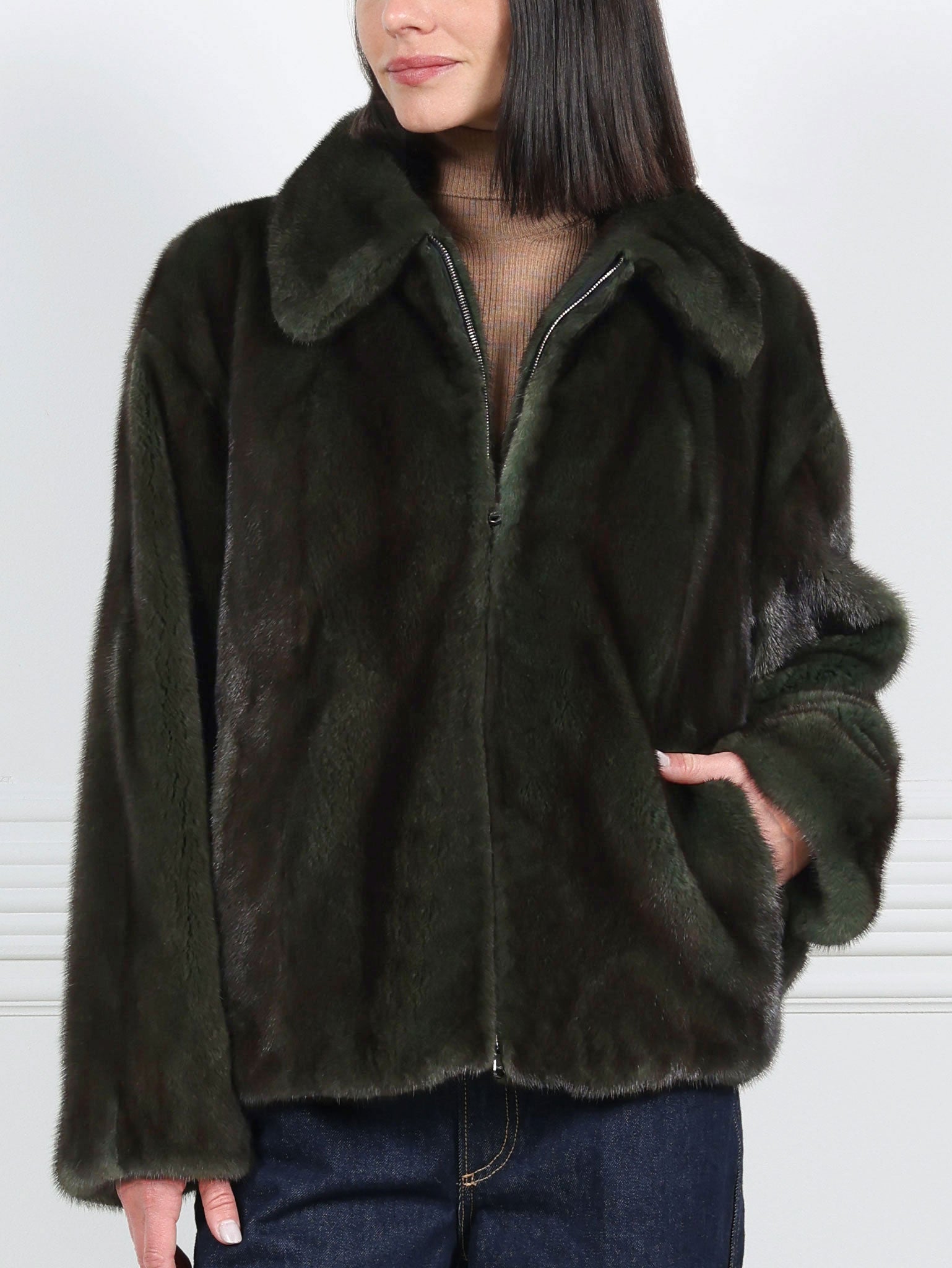 Oversized Mink Shirt Collar Zip Jacket