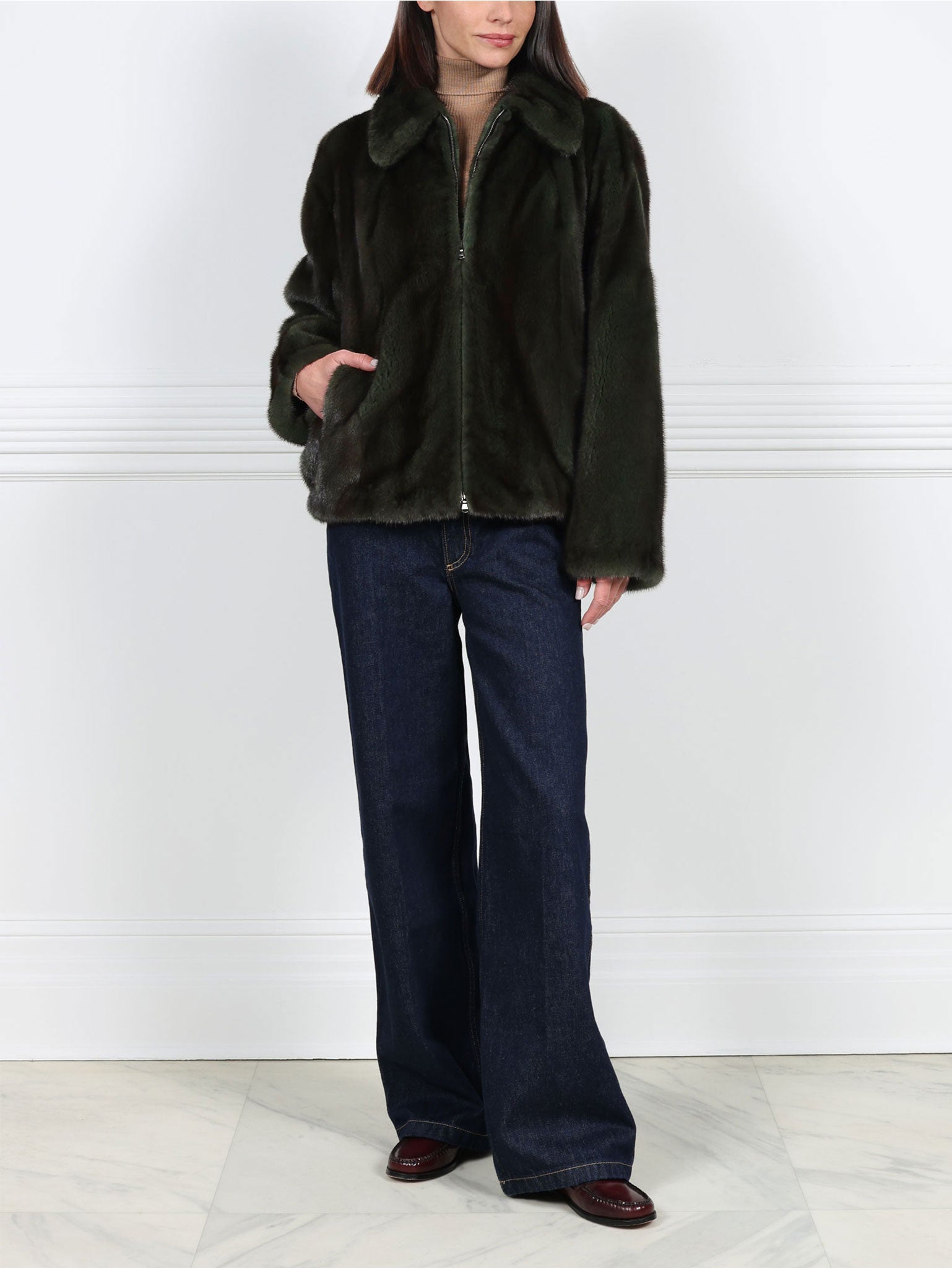 Oversized Mink Shirt Collar Zip Jacket