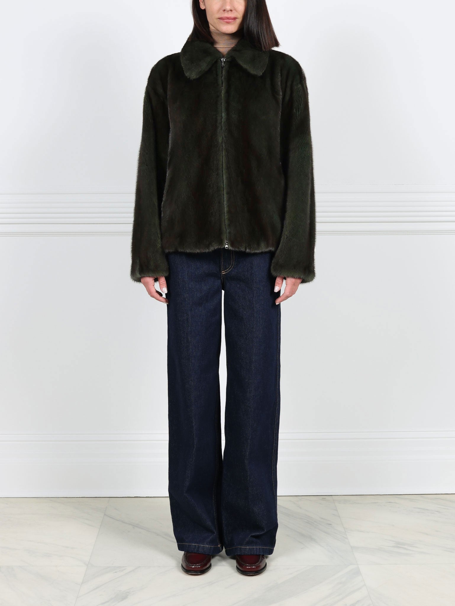 Oversized Mink Shirt Collar Zip Jacket