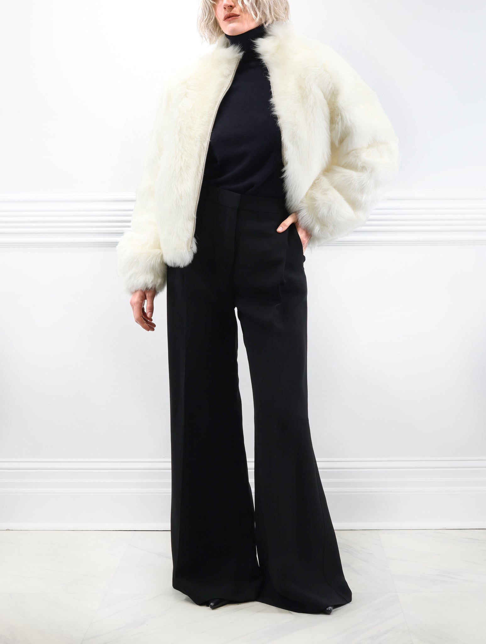 The Minnie Shearling Bomber Jacket in Ivory