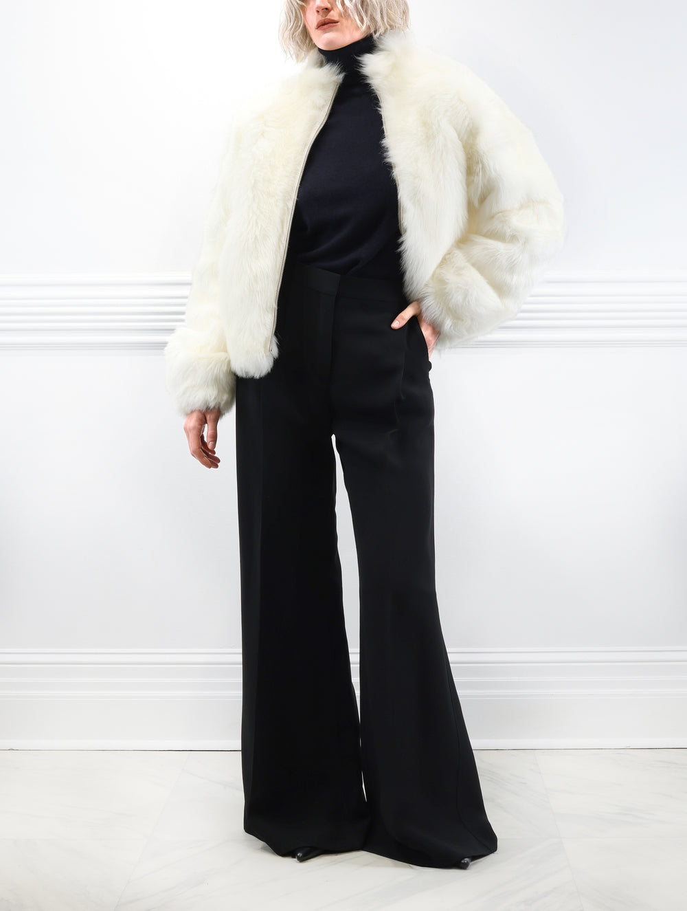 The Minnie Shearling Bomber Jacket in Ivory