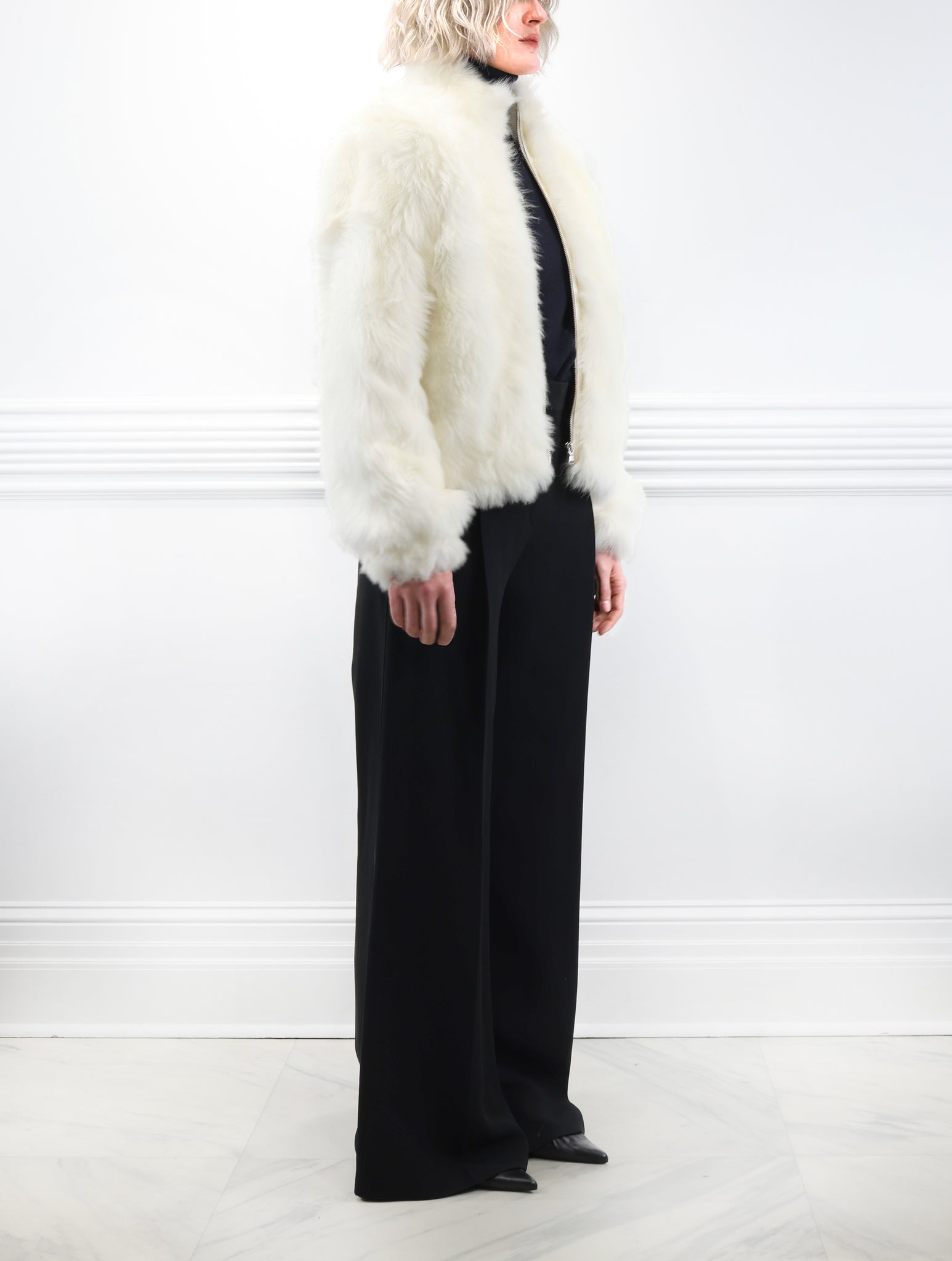 The Minnie Shearling Bomber Jacket in Ivory
