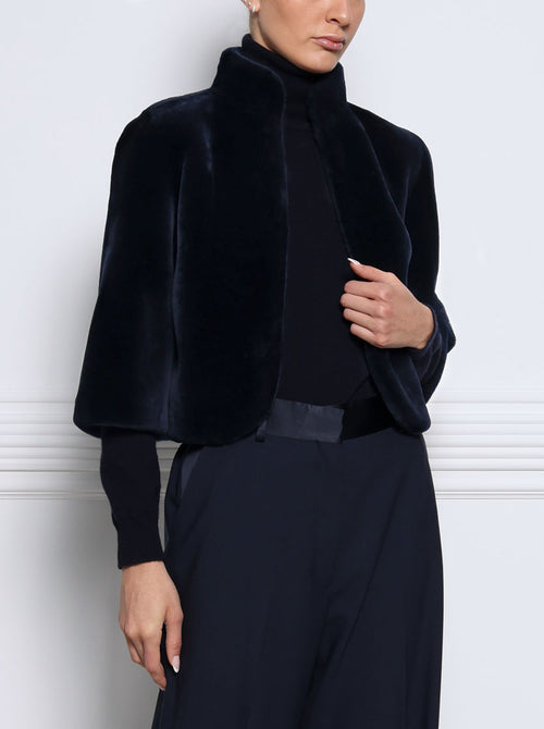 1502-NAVY-MERINO-SHEARLING-STAND-COLLAR-CROPPED-UNLINED-JACKET