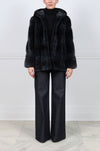 The Louisa Hooded Horizontal Cross Mink Fur Jacket in Charcoal