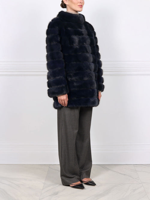 The Alexa Barguzin Sable Fur & Suede Coat in Navy
