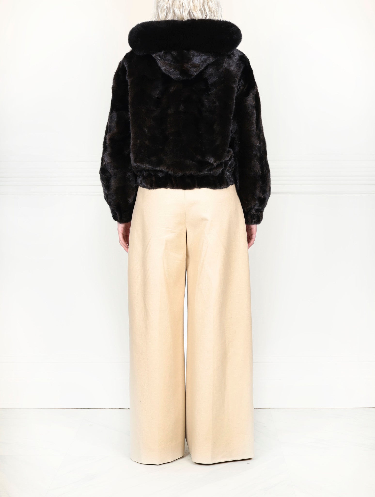 The Delilah Chevron  Upcycled Mink Bomber Jacket with Fox Trim