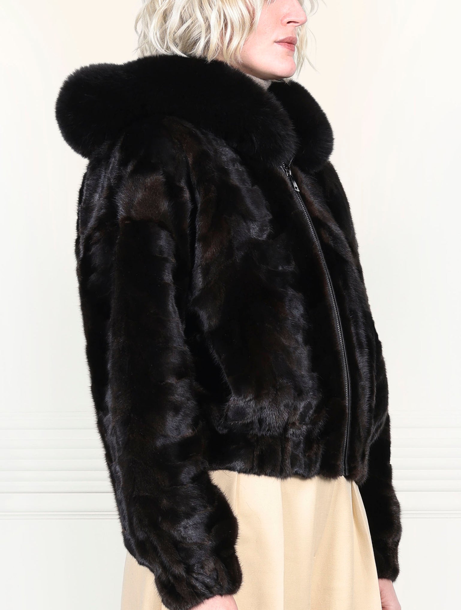 The Delilah Chevron  Upcycled Mink Bomber Jacket with Fox Trim