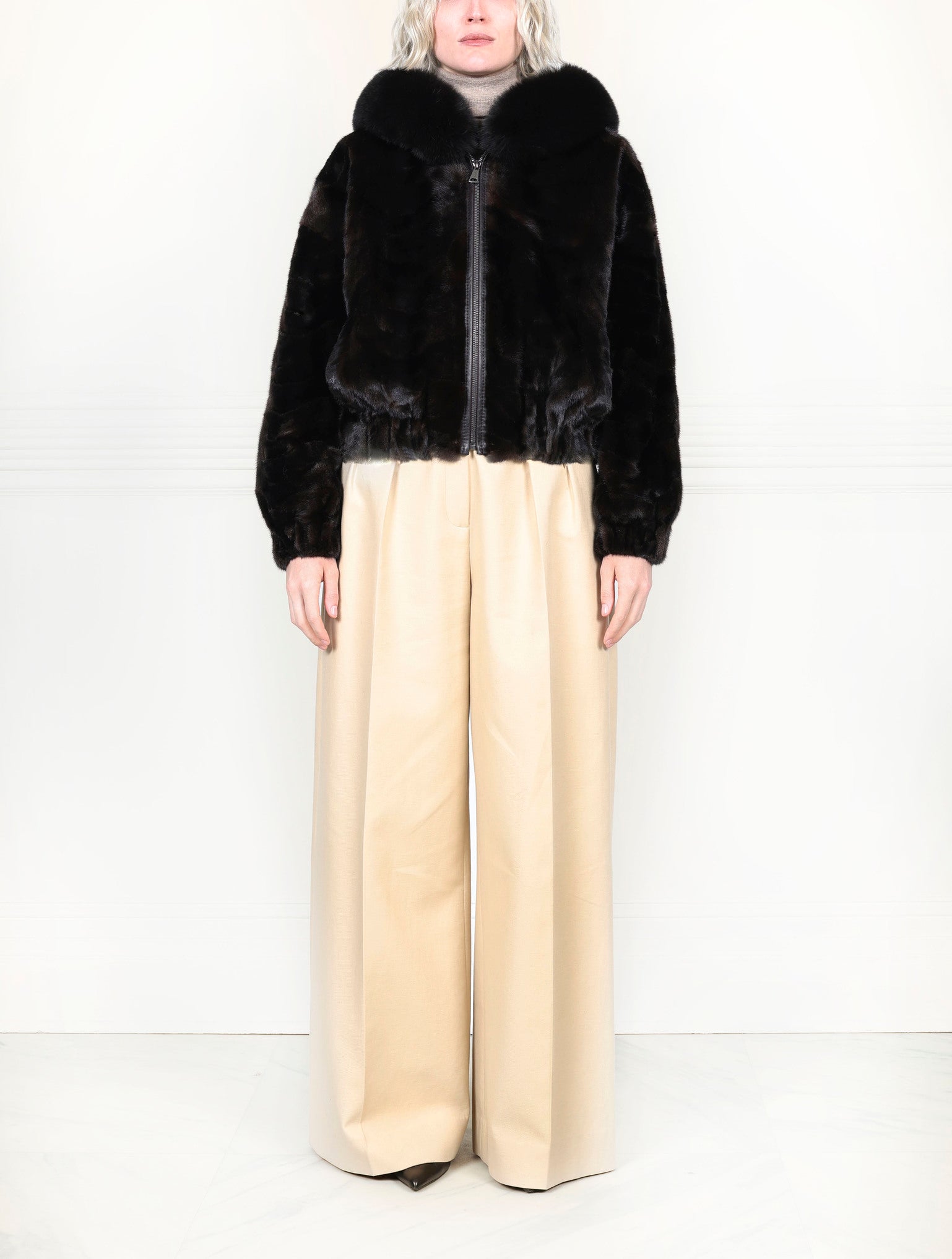 The Delilah Chevron  Upcycled Mink Bomber Jacket with Fox Trim