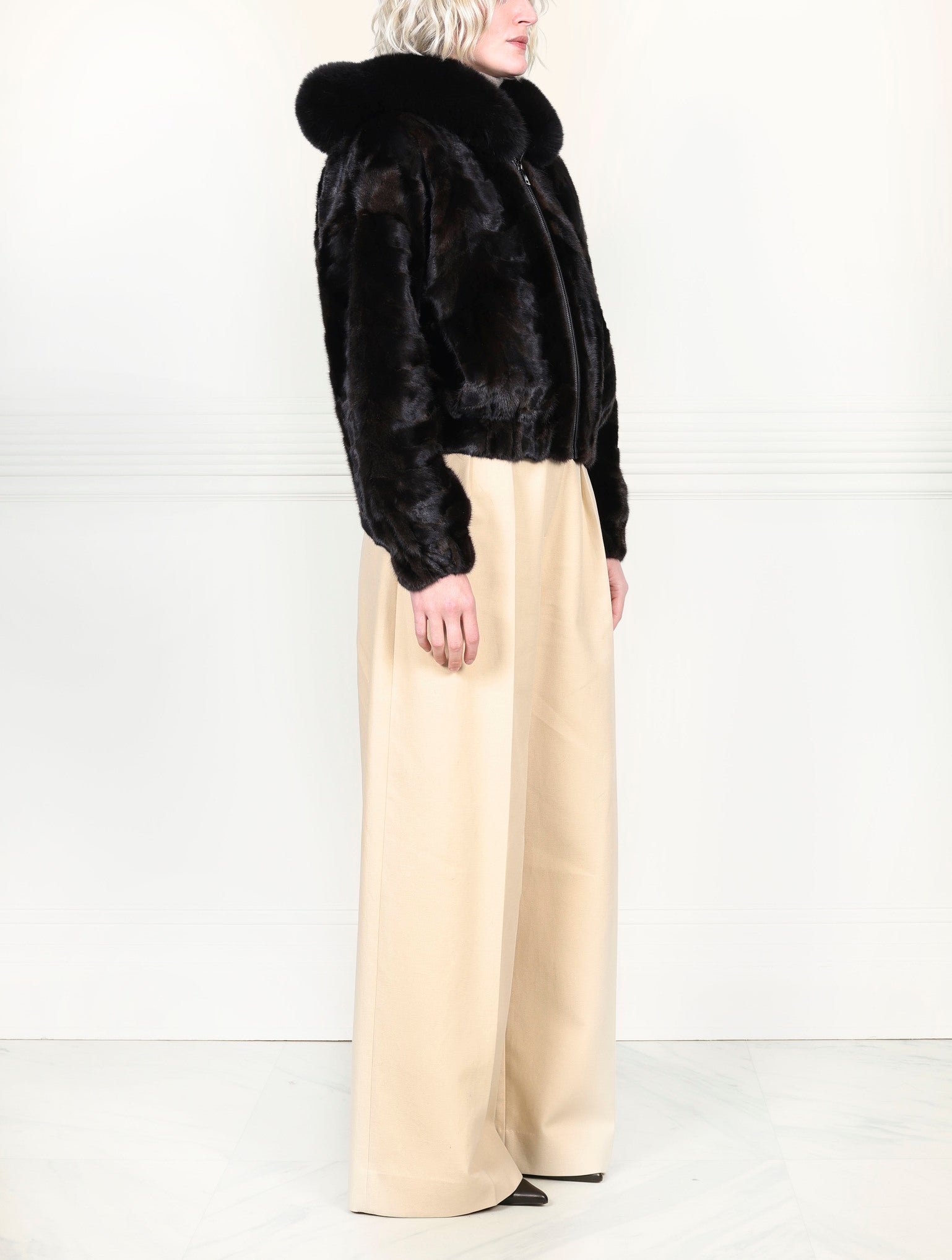 The Delilah Chevron  Upcycled Mink Bomber Jacket with Fox Trim