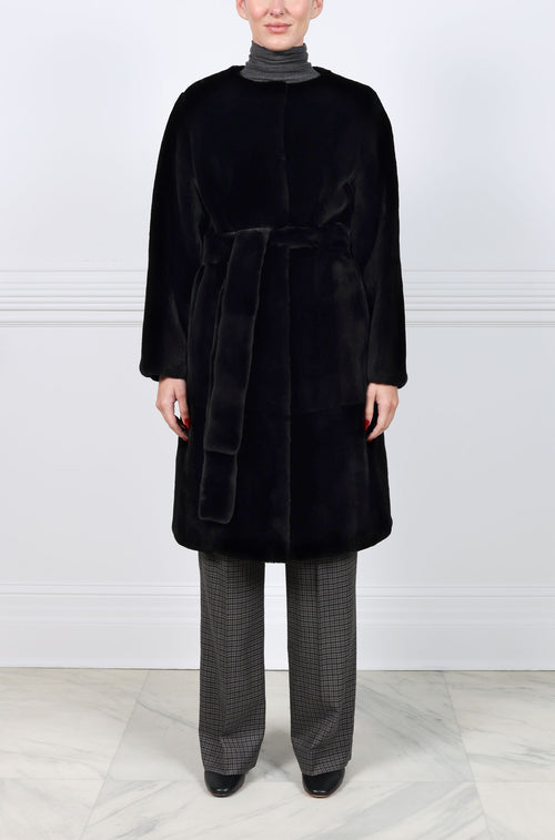 Reversible Horizontal Sheared Mink Belted Collarless Stormcoat in Black