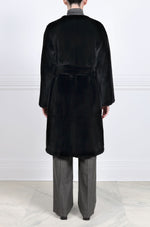 Reversible Horizontal Sheared Mink Belted Collarless Stormcoat in Black