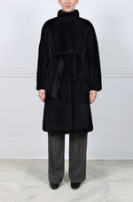 Reversible Horizontal Sheared Mink Belted Stand Collar Stormcoat in Black