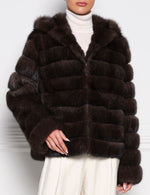 Horizontal Sable Fur Hooded Zip Jacket