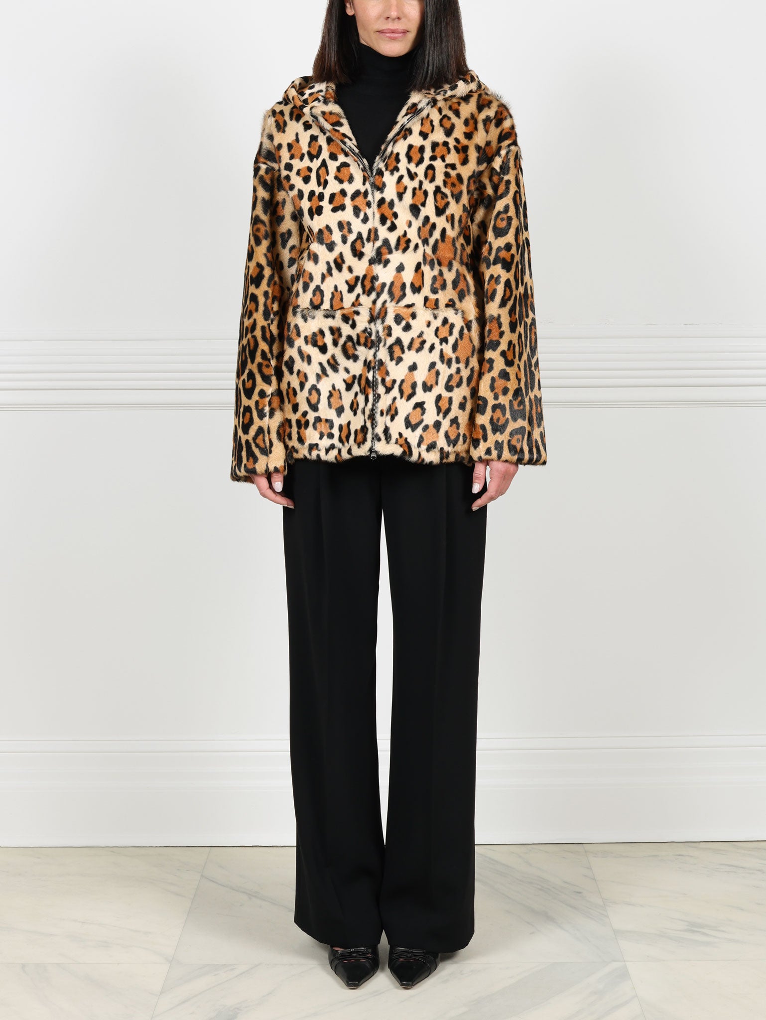 Leopard Print Shearling Hooded Jacket