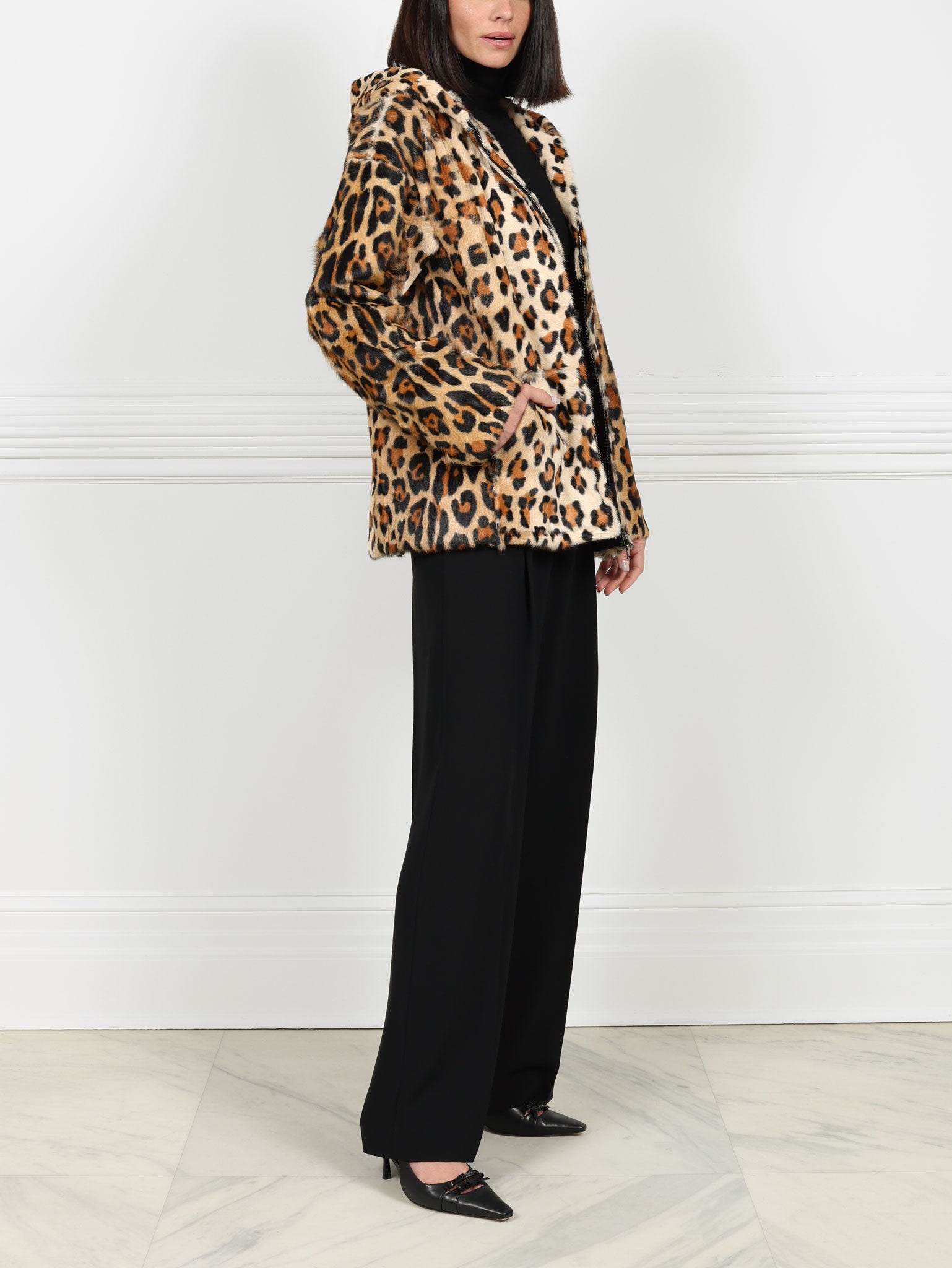 Leopard Print Shearling Hooded Jacket