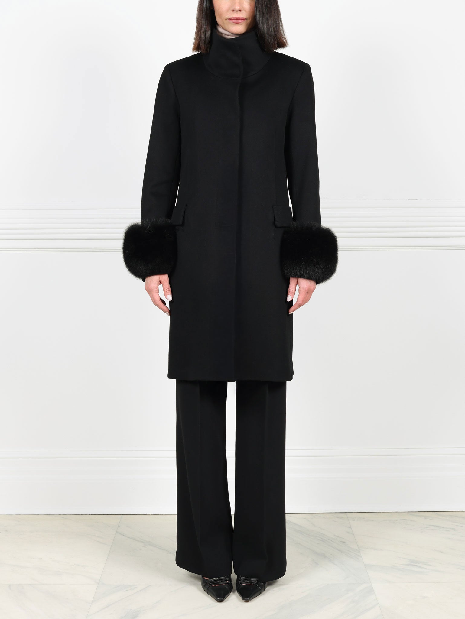 Wool and Cashmere Coat with Fox Cuff