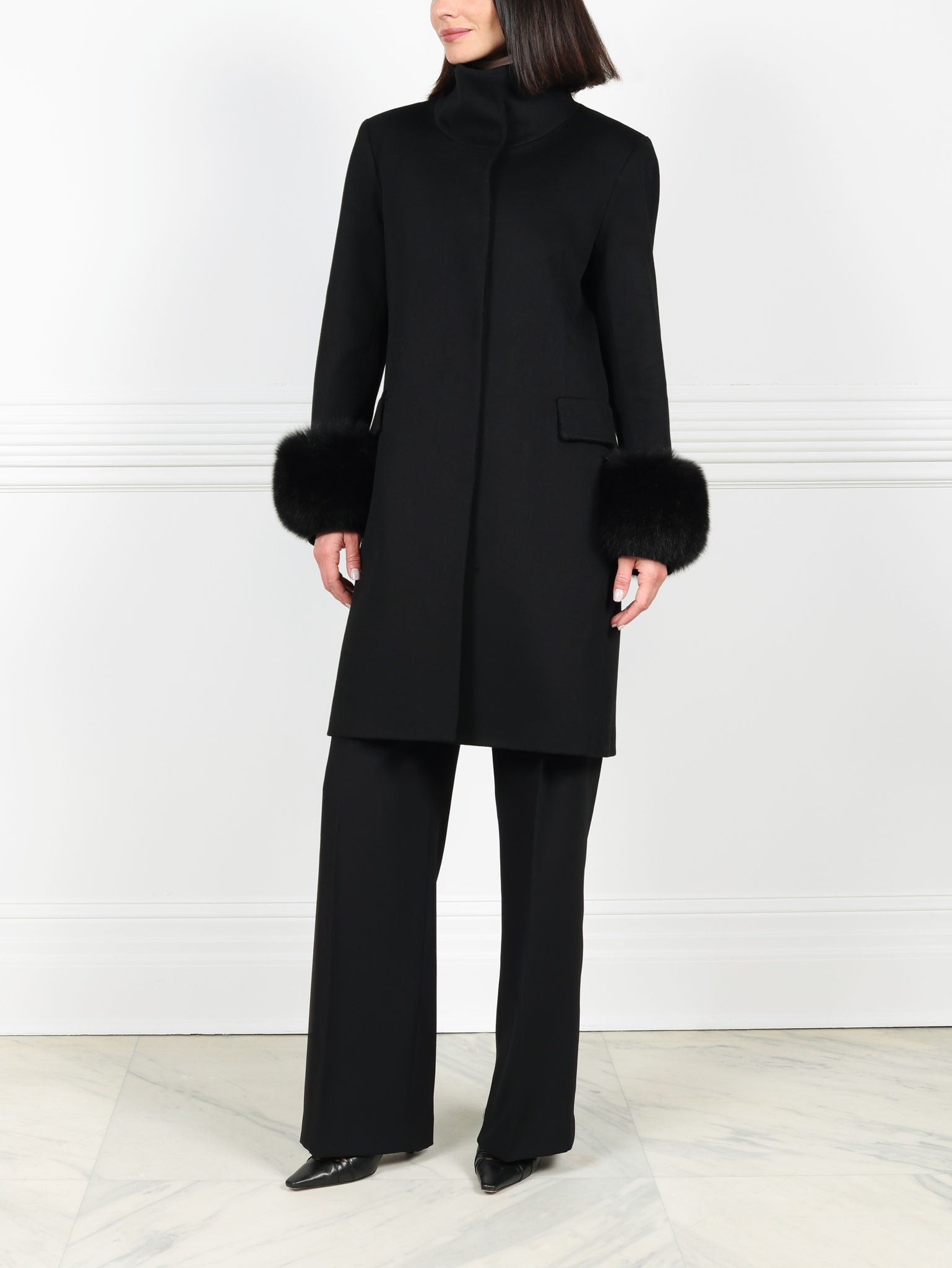 Wool and Cashmere Coat with Fox Cuff