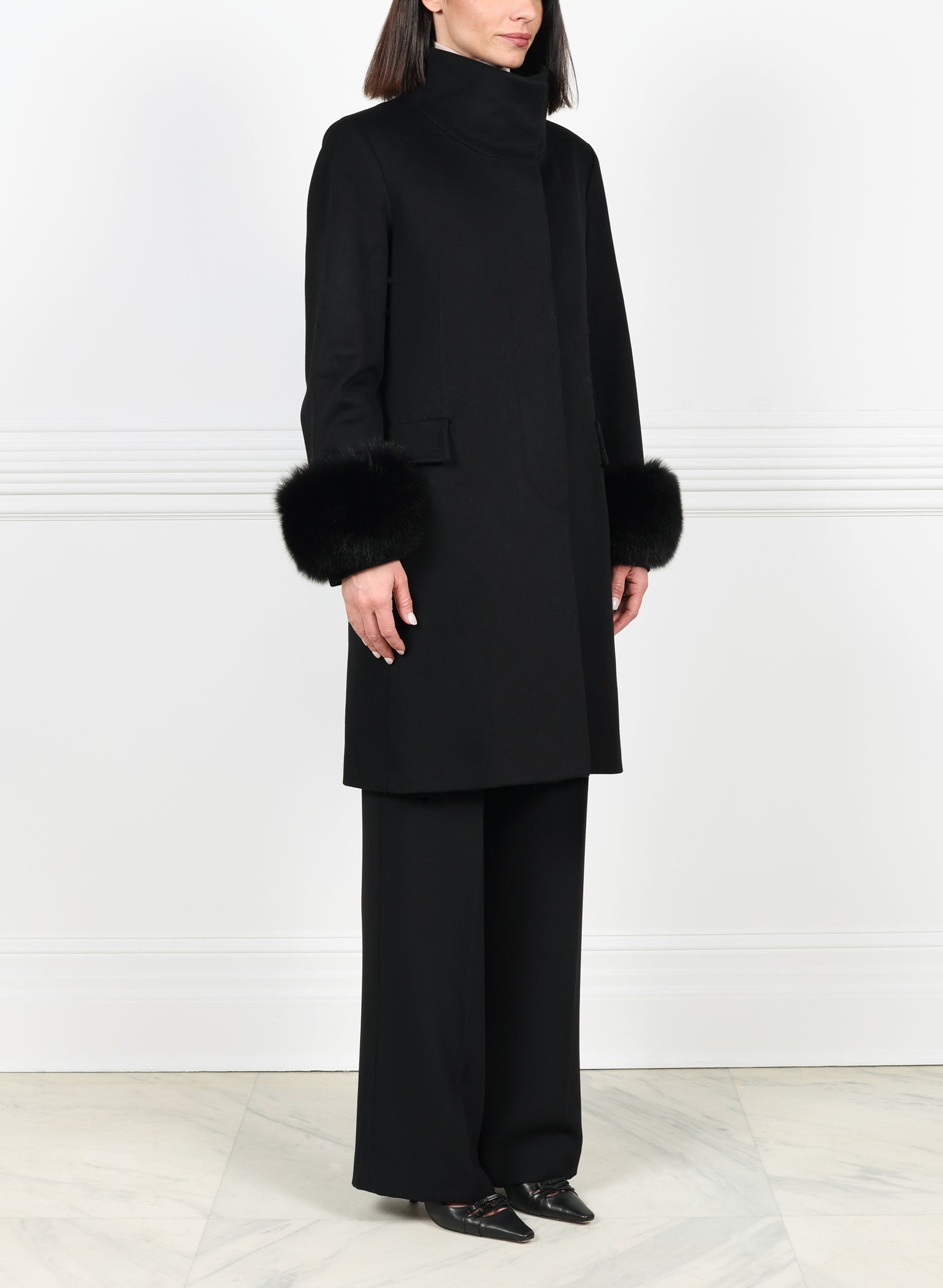 Wool and Cashmere Coat with Fox Cuff