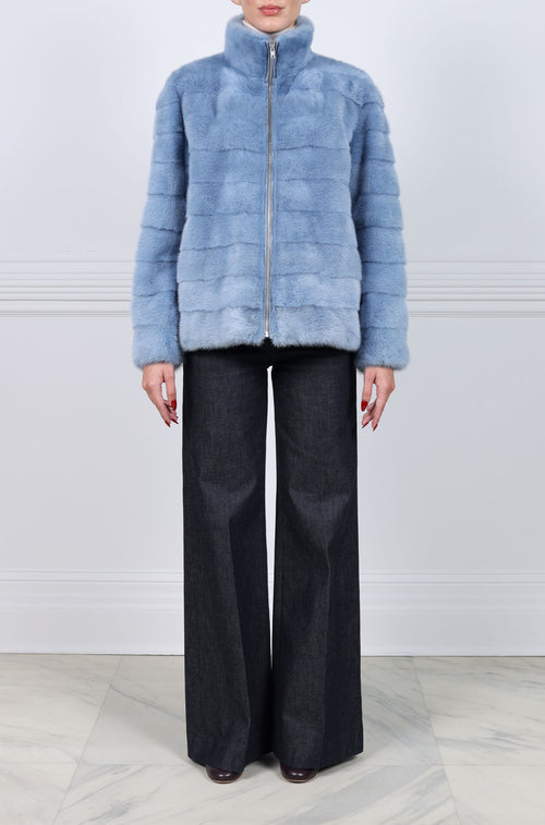 Horizontal Mink Fur Zip Jacket in Light Blue