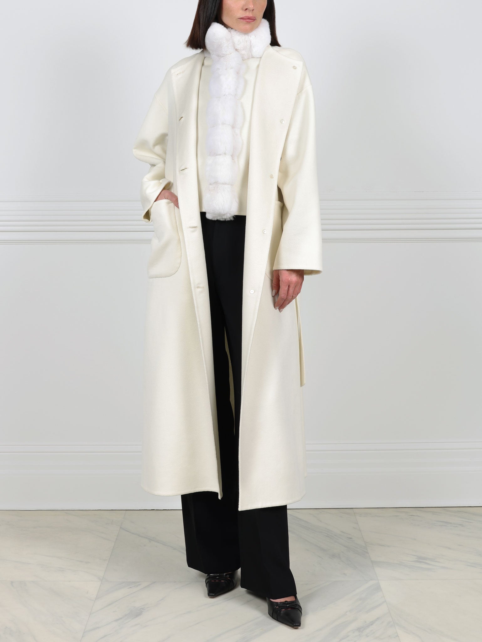 The Izzy White Cashmere Crew Neck Coat