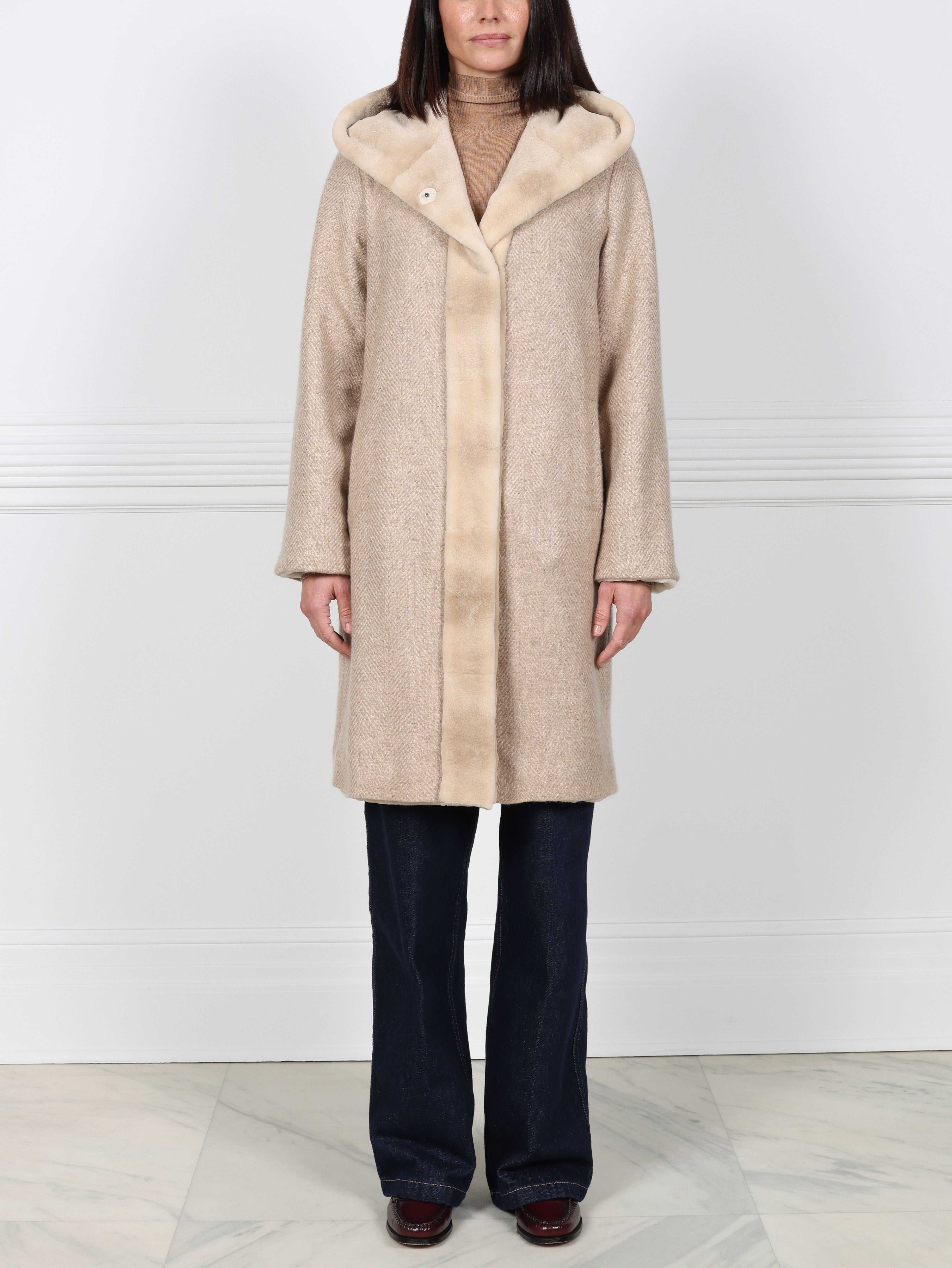 Hooded Mink Fur Coat Reversible to Wool Cashmere Blend