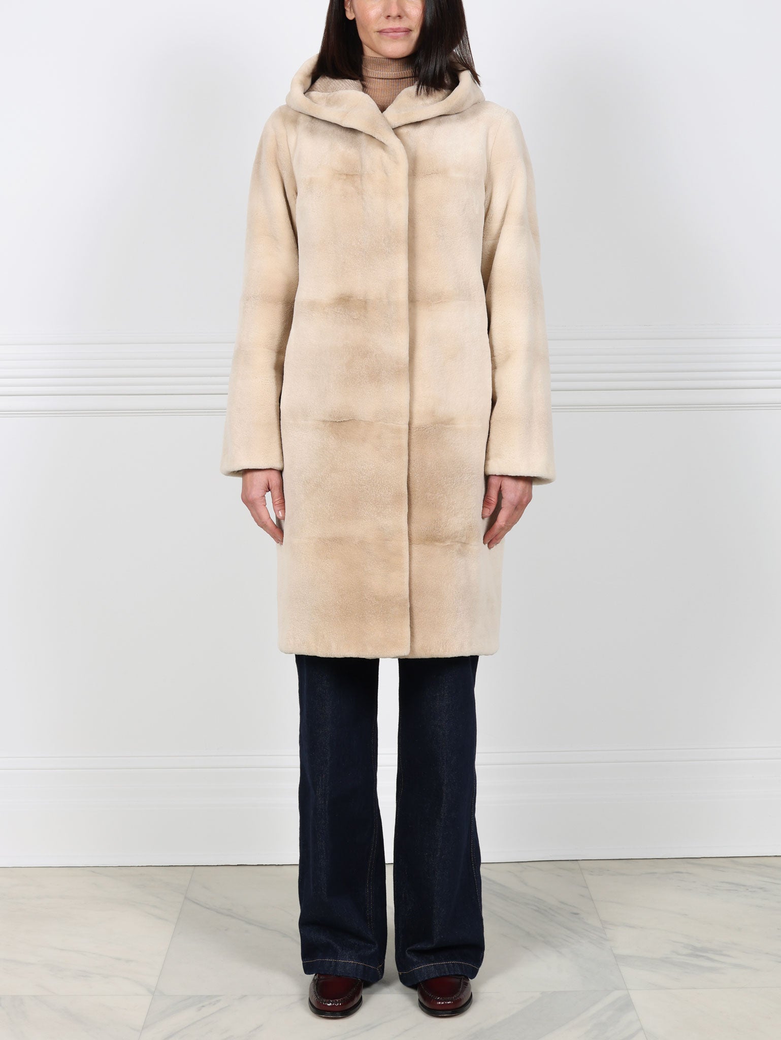 Hooded Mink Fur Coat Reversible to Wool Cashmere Blend