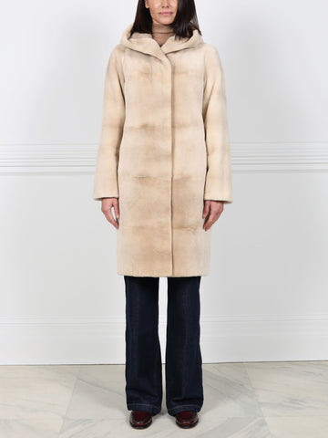 Hooded Mink Fur Coat Reversible to Wool Cashmere Blend