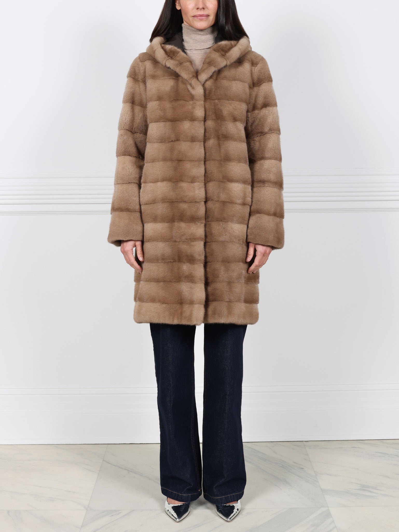 The Delaney Hooded Reversible Mink Fur Coat in Pastel