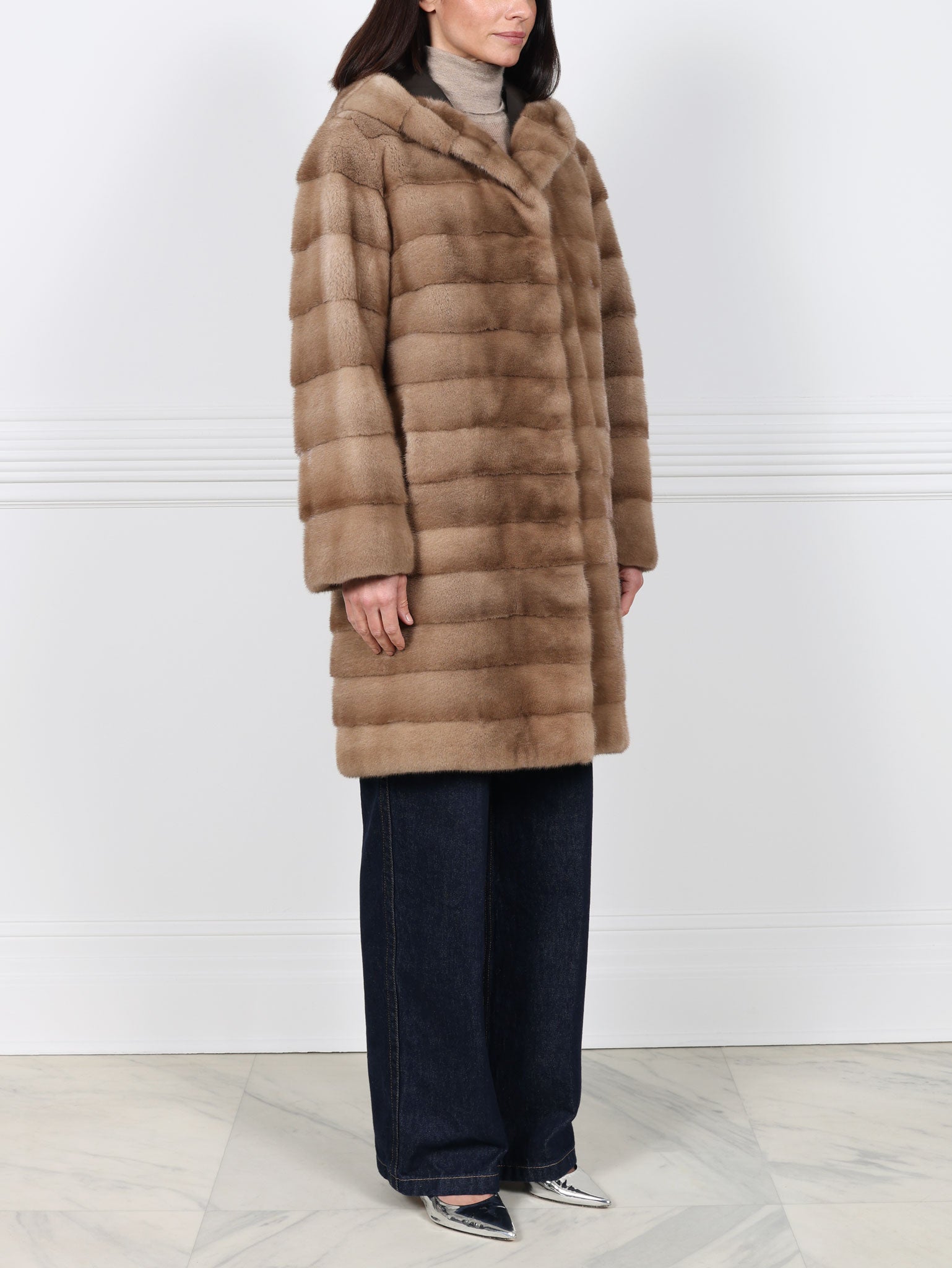 The Delaney Hooded Reversible Mink Fur Coat in Pastel