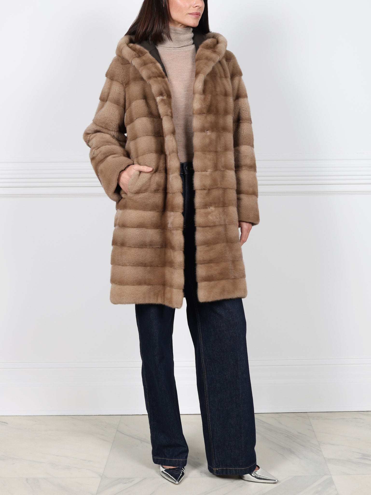 The Delaney Hooded Reversible Mink Fur Coat in Pastel