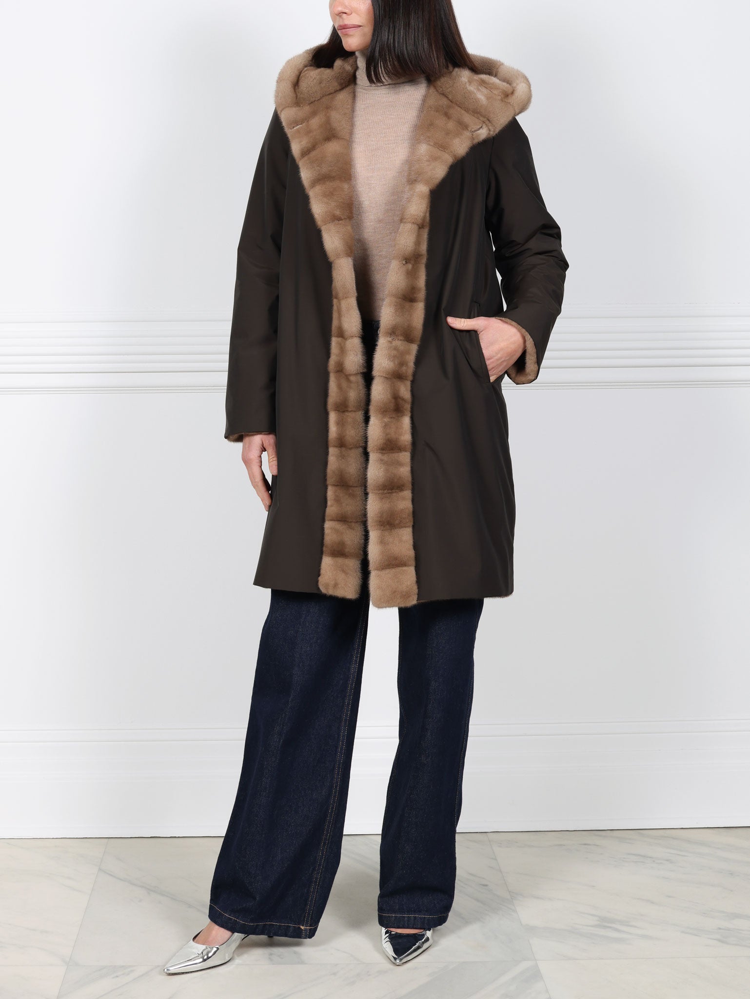The Delaney Hooded Reversible Mink Fur Coat in Pastel