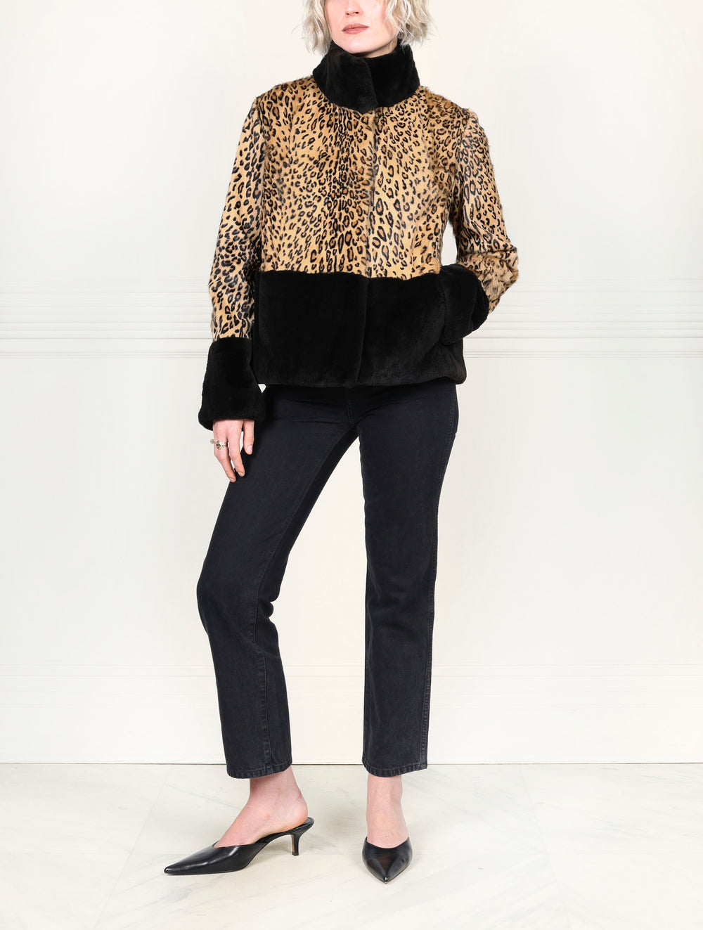 The Dover Shearling Jacket with Fur Trim in Leopard