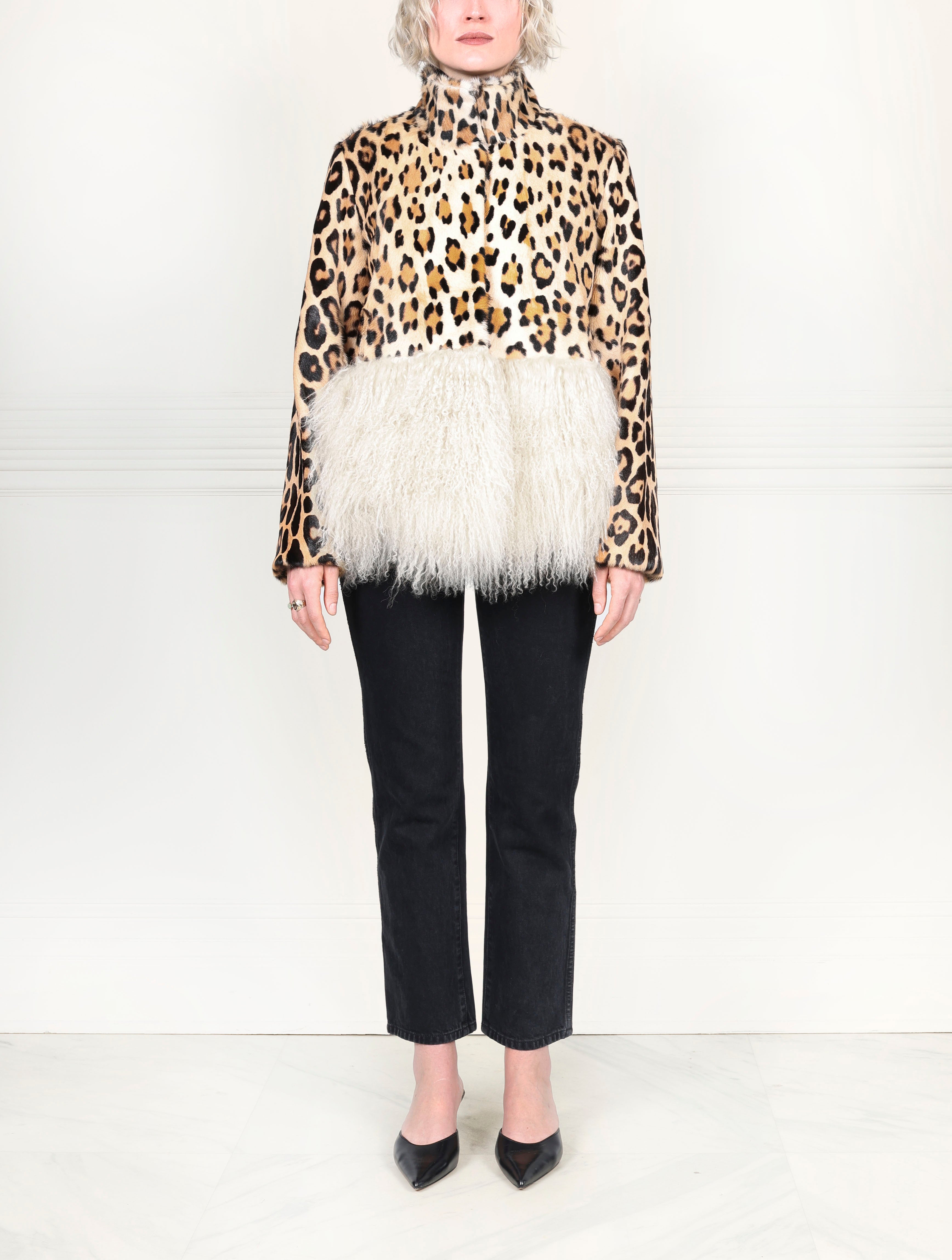 Leopard Printed Shearling Jacket with Peplum