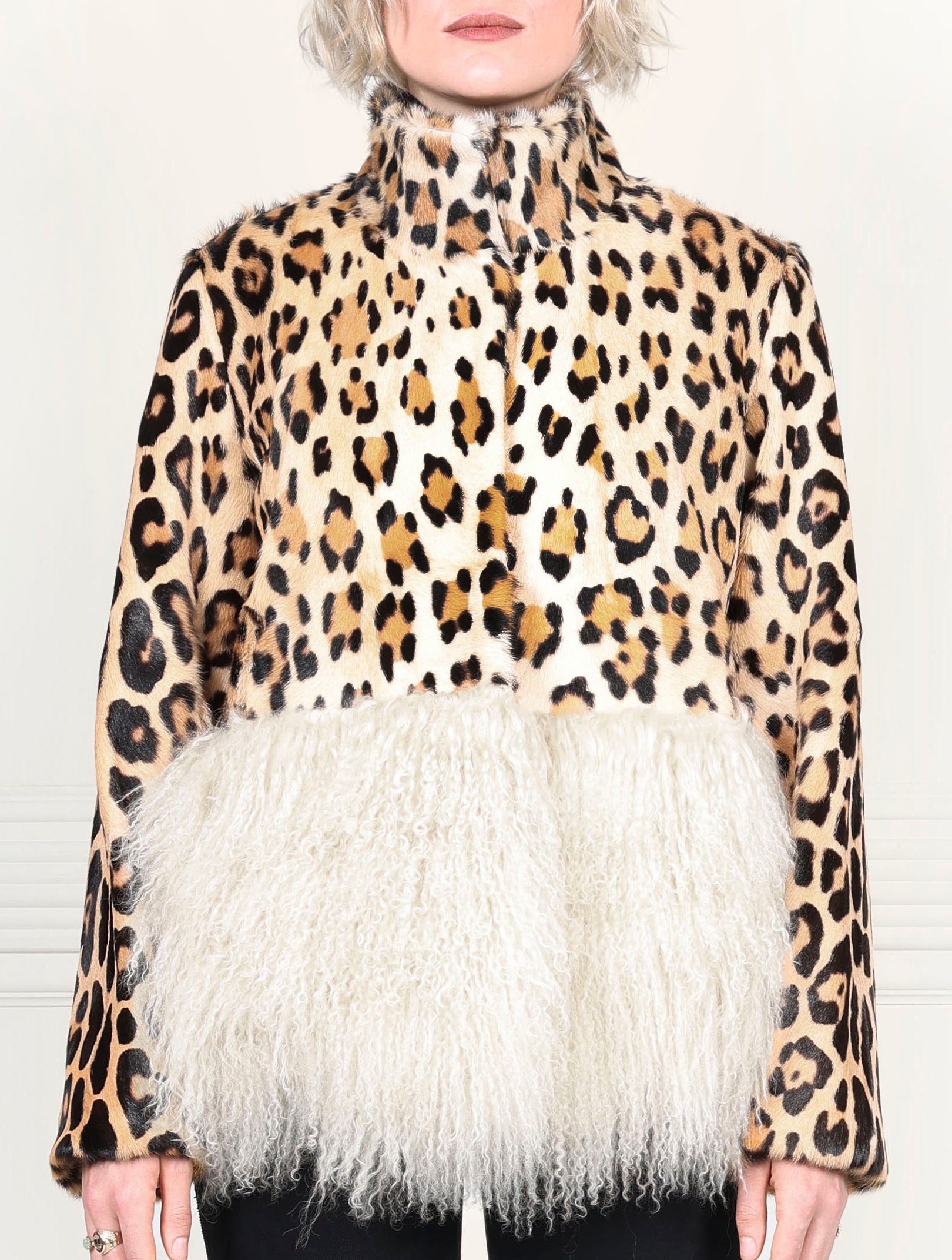 Leopard Printed Shearling Jacket with Peplum