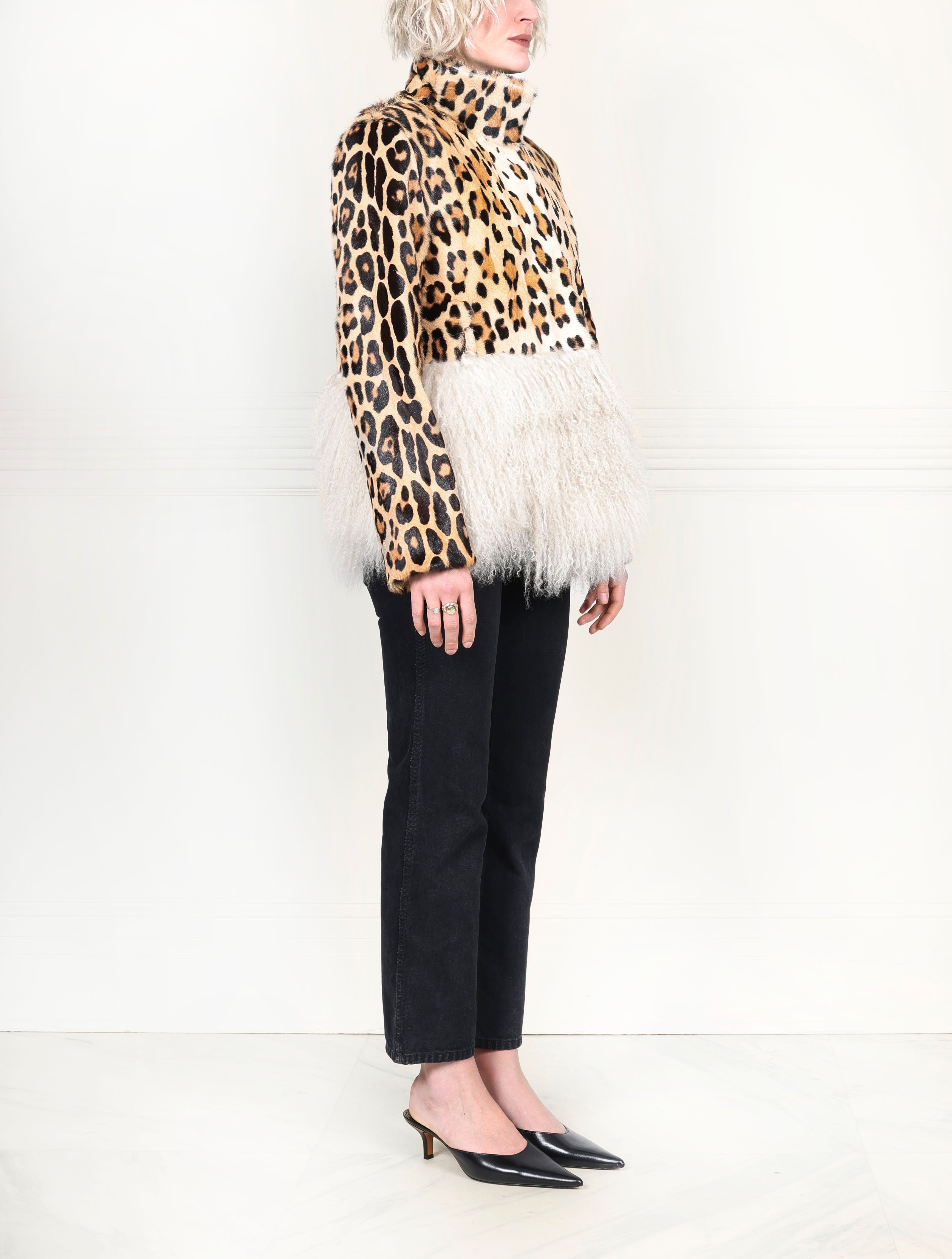 Leopard Printed Shearling Jacket with Peplum