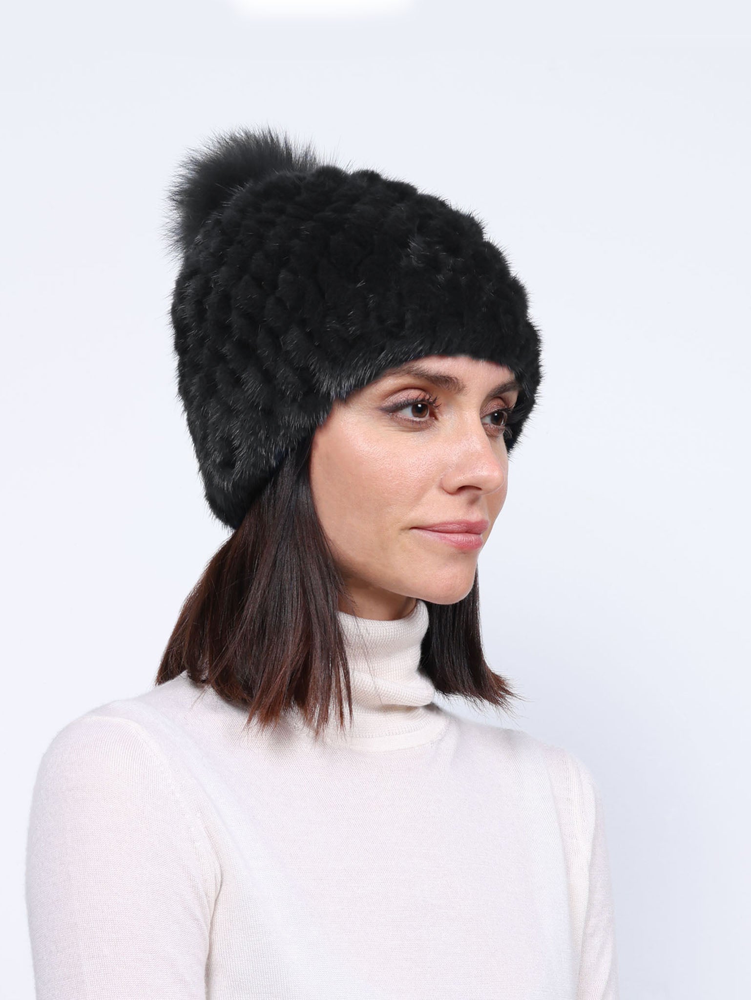 The Knit Mink Fur Hat with Fox Pom in Multiple Colors