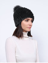 The Knit Mink Fur Hat with Fox Pom in Multiple Colors