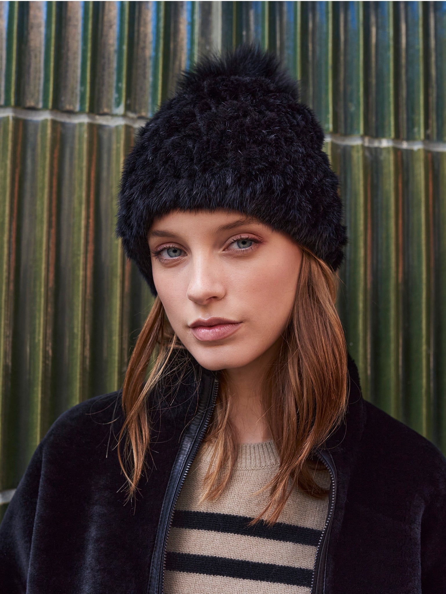 The Knit Mink Fur Hat with Fox Pom in Multiple Colors