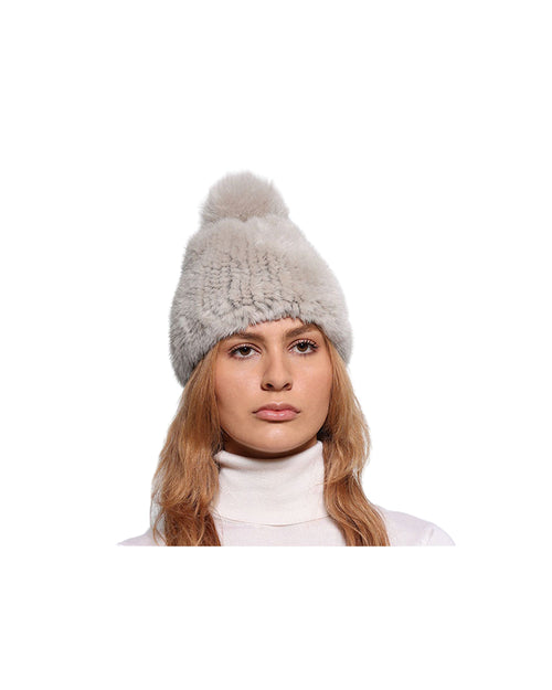 Knitted Mink Fur Hat with Fur Pom