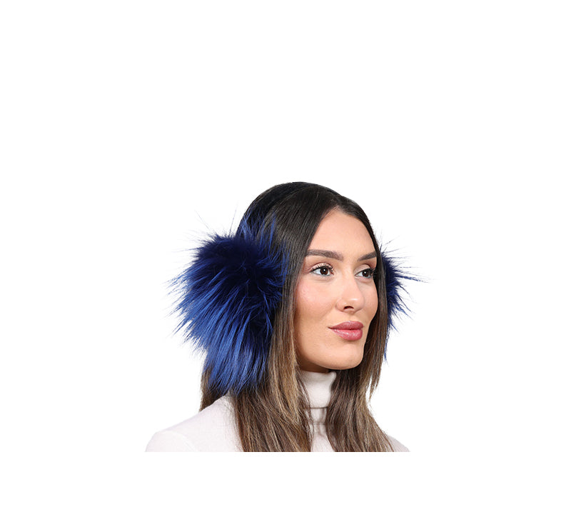 Dyed Fur Earmuffs with Velvet Bands in Blue