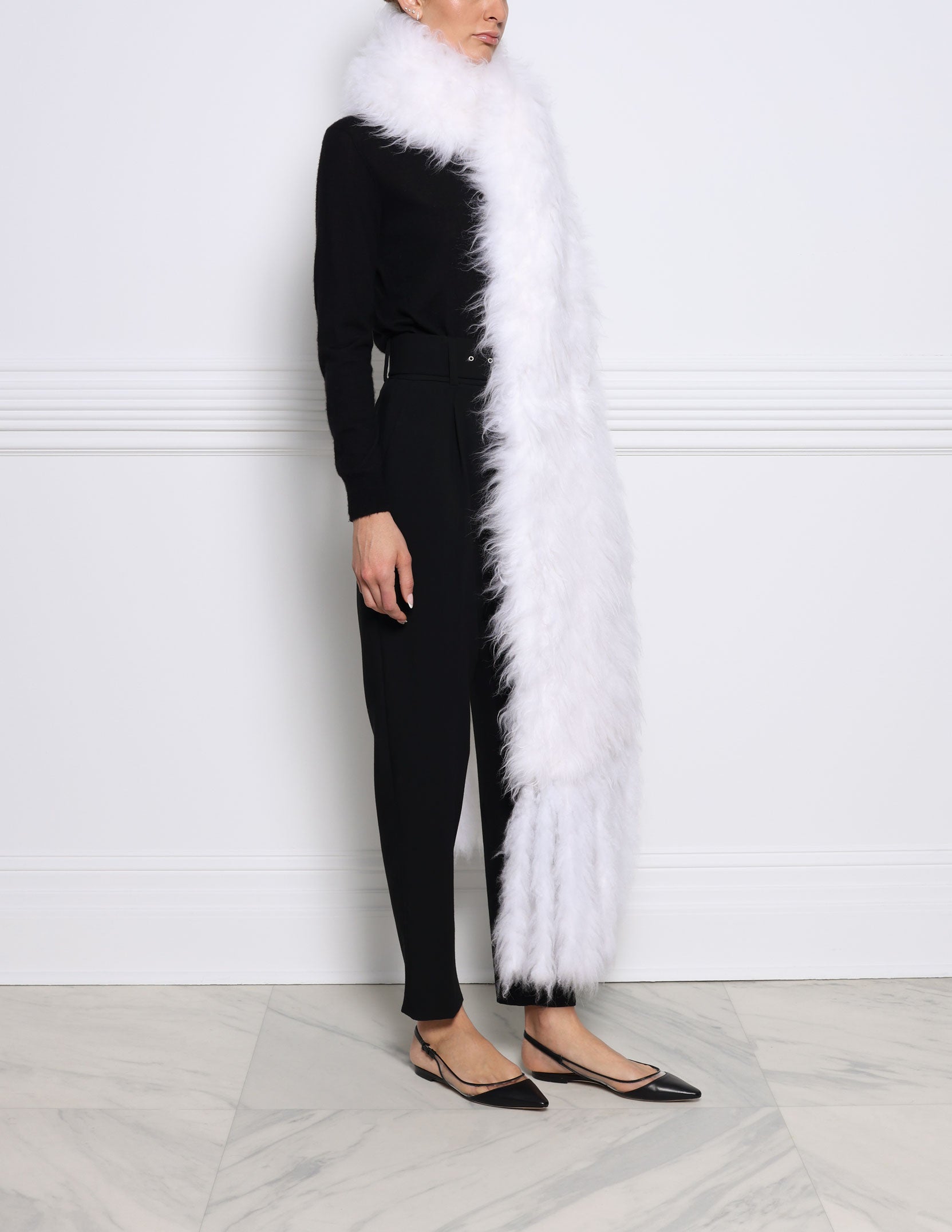 Oversized Knitted Shearling Scarf with Fringe
