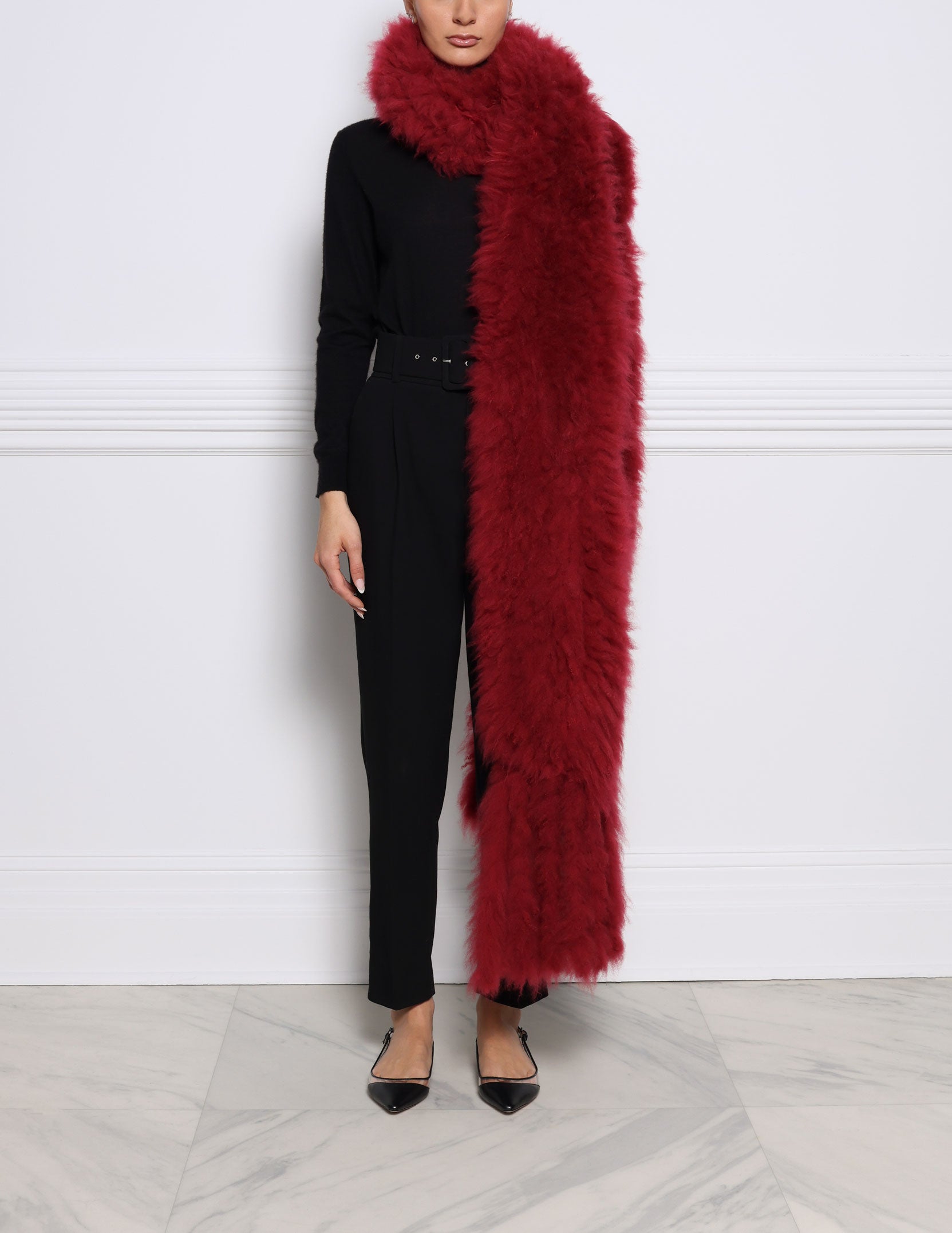 Oversized Knitted Shearling Scarf with Fringe